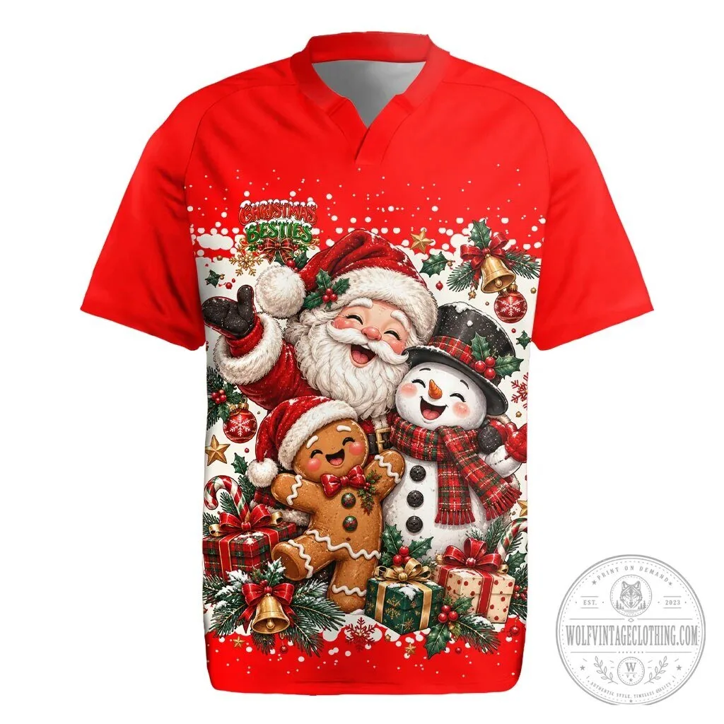 Christmas Besties Santa Snowman Gingerbread Man Festive Holiday Rugby Jersey