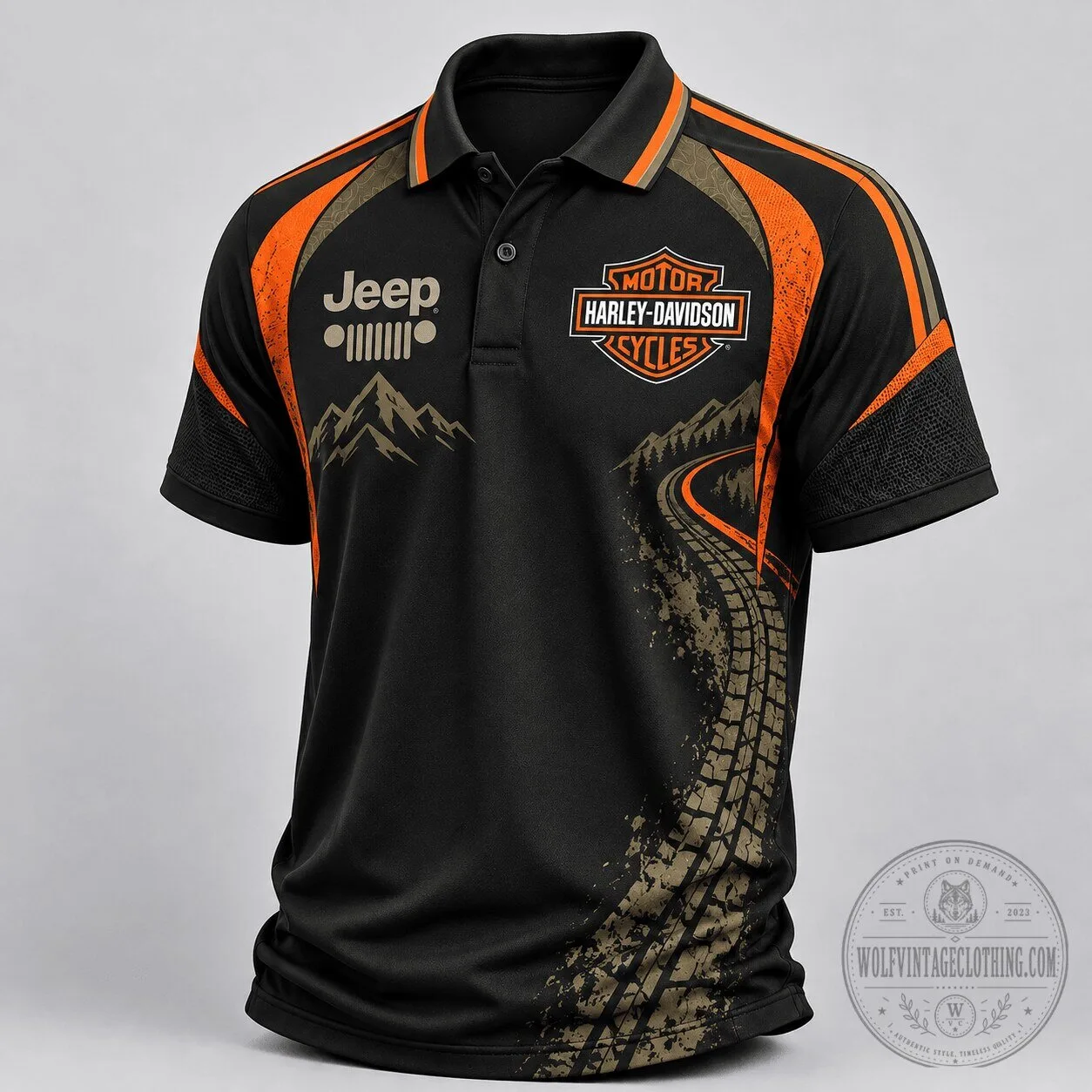 Jeep Harley-Davidson Motorcycles Racing Stripes Tire Tracks Black Polo Shirt
