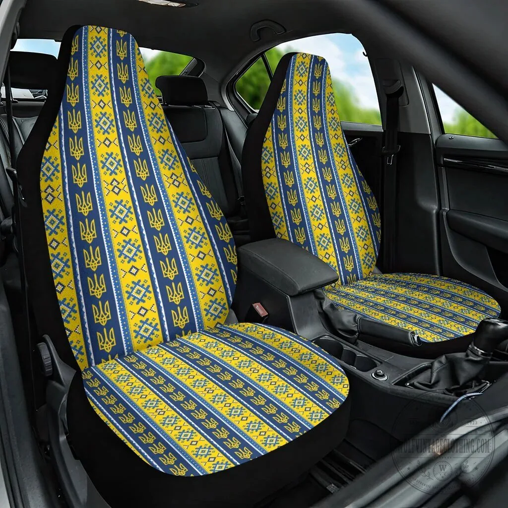 Ukrainian Trident Pattern Car Seat Covers for Front Seats, Blue and Yellow