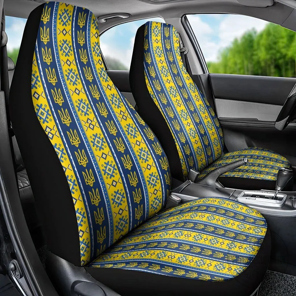 Ukrainian Trident Pattern Car Seat Covers for Front Seats, Blue and Yellow 5 Ukrainian Trident Pattern Car Seat Covers for Front Seats, Blue and Yellow