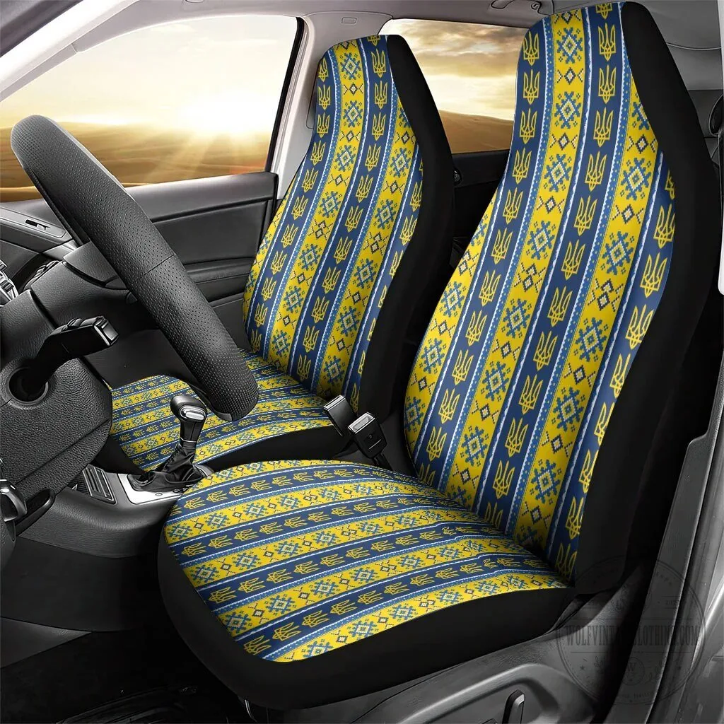 Ukrainian Trident Pattern Car Seat Covers for Front Seats, Blue and Yellow 6 Ukrainian Trident Pattern Car Seat Covers for Front Seats, Blue and Yellow