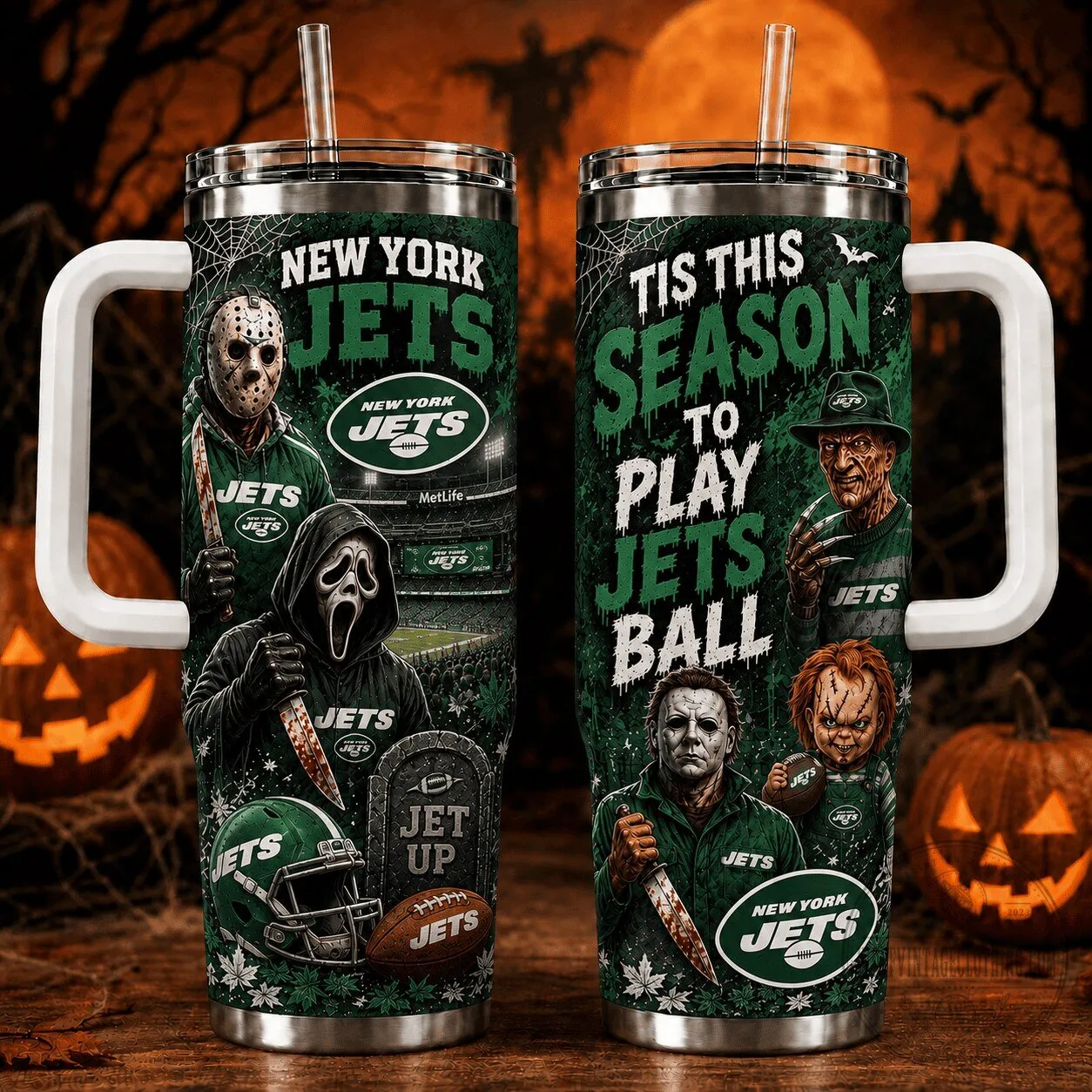 New York Jets Horror Movie Characters Halloween Football Stainless Steel Tumbler