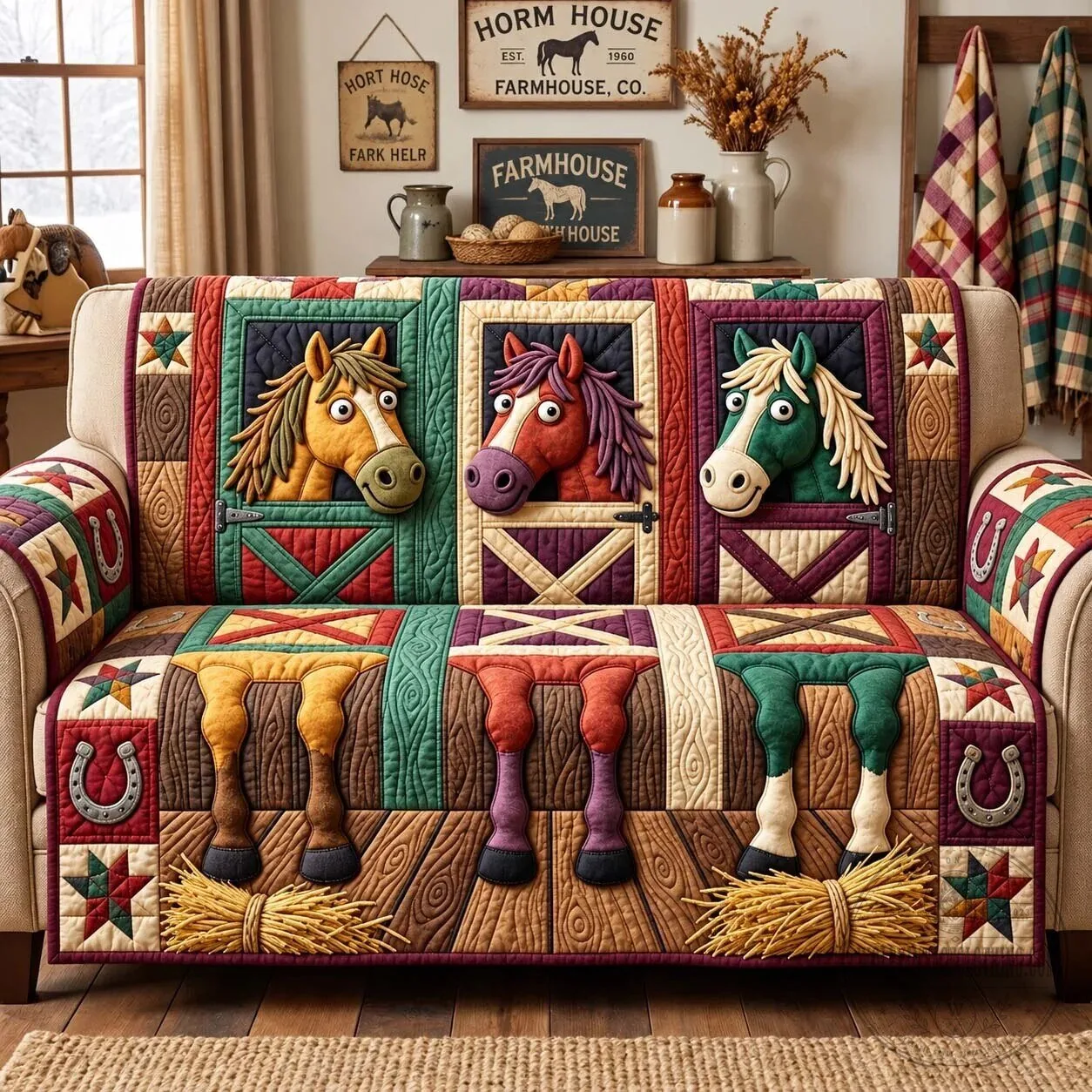 Farmhouse Horse Stable Door Quilted Sofa Cover for Living Room Decor