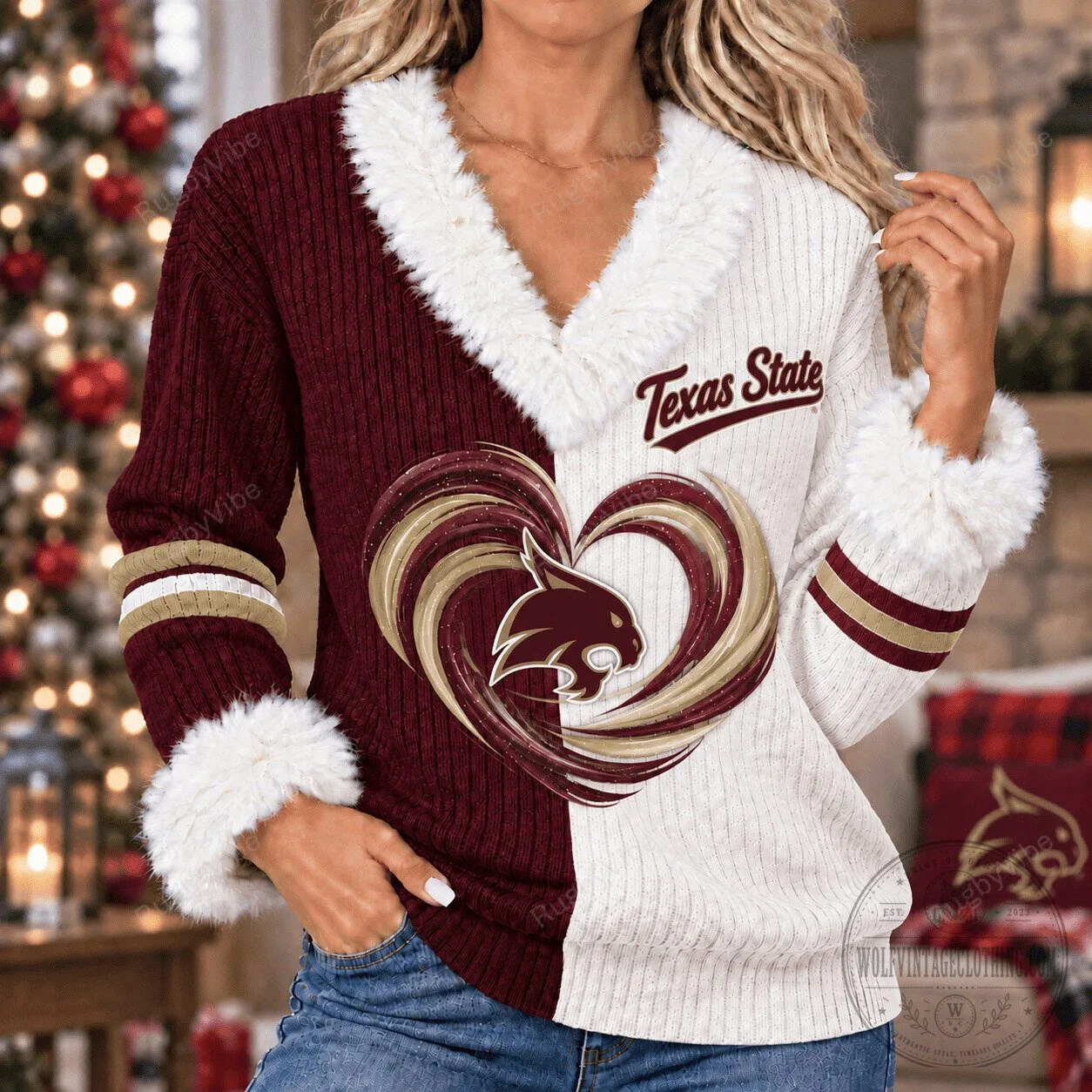 Texas State Bobcats Heart Logo Christmas Faux Fur Trim Sweater