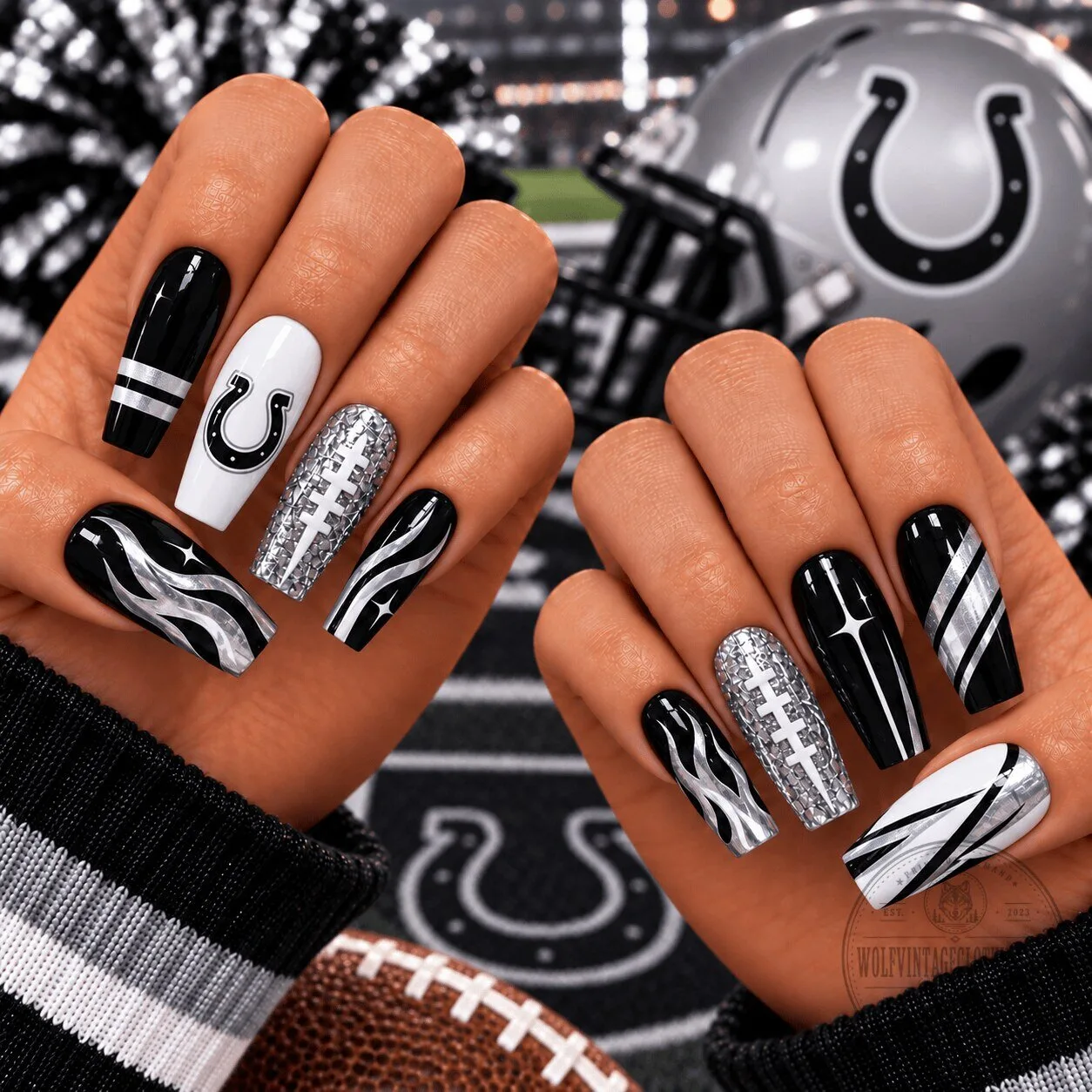 Indianapolis Colts Black Silver Chrome Football Game Day Press-On Nails Set