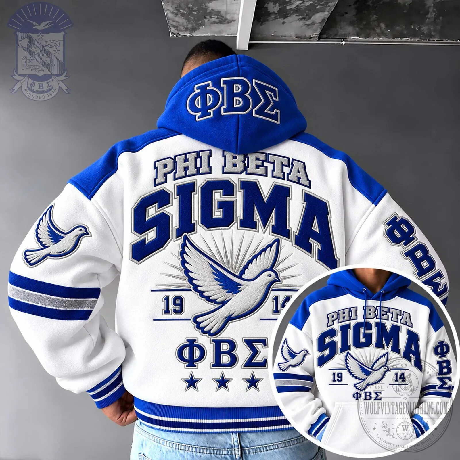Phi Beta Sigma Fraternity White and Blue Varsity Style Hoodie 3 Phi Beta Sigma Fraternity White and Blue Varsity Style Hoodie