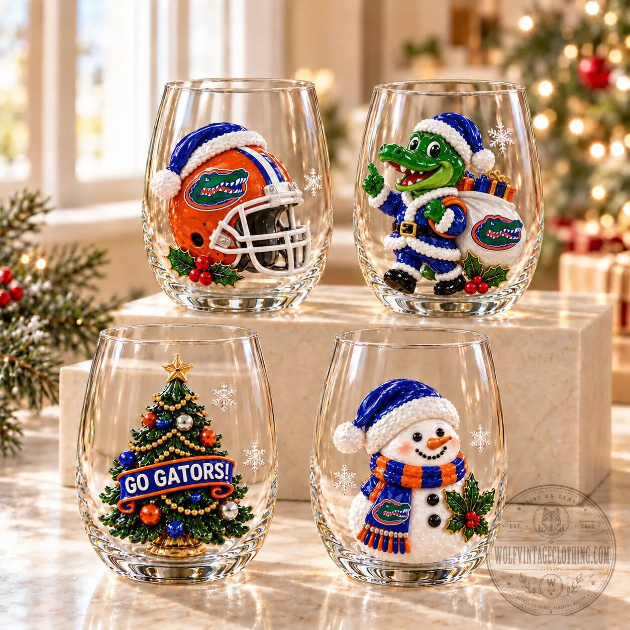 Florida Gators Christmas Holiday Stemless Wine Glass Set of Four