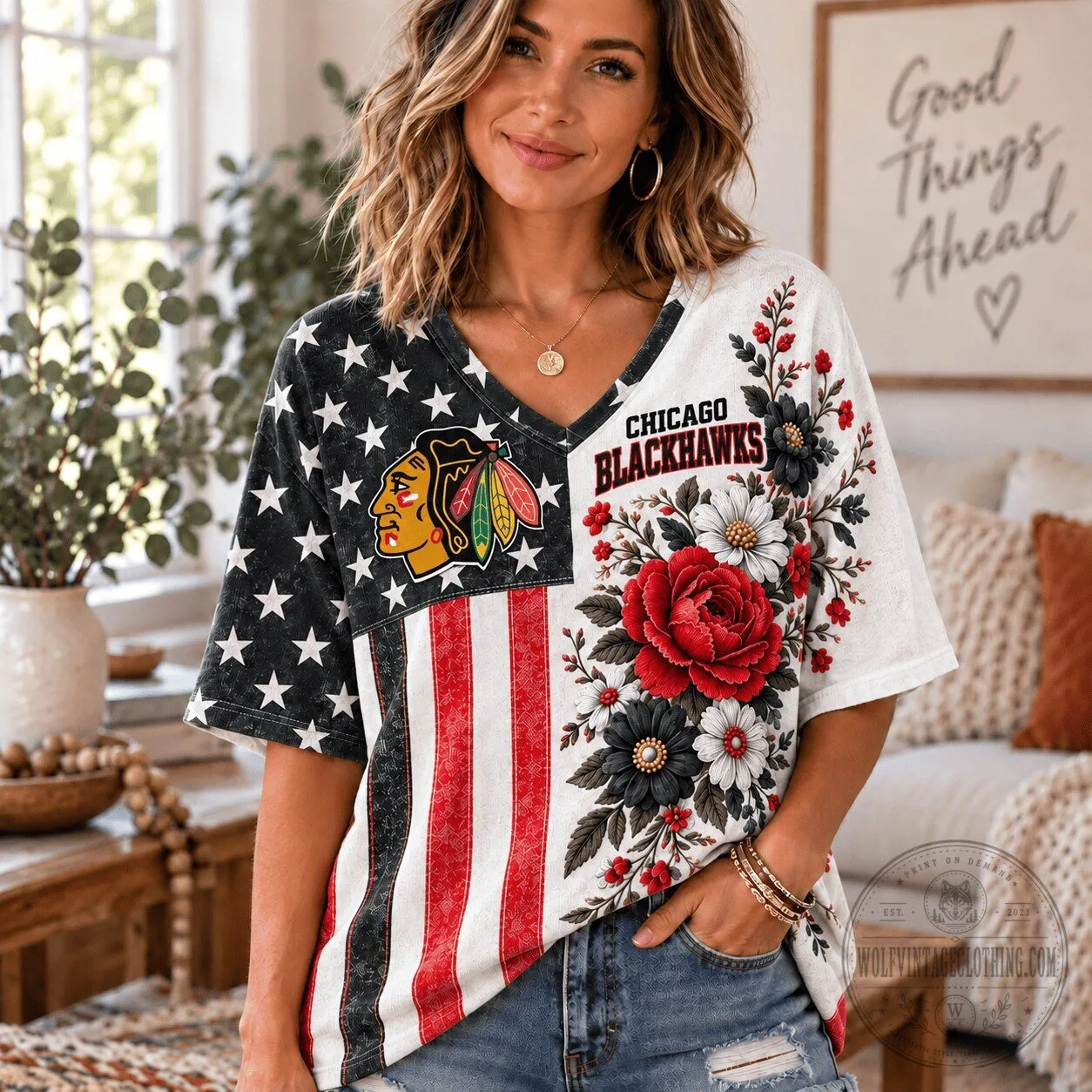 Chicago Blackhawks NHL Fan Shirt V-Neck Short Sleeve 3 Chicago Blackhawks NHL Fan Shirt V-Neck Short Sleeve