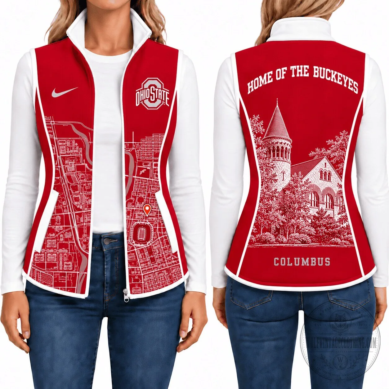 Ohio State Buckeyes Women's Fleece Vest Jacket with Columbus Map Design 1 Ohio State Buckeyes Women's Fleece Vest Jacket with Columbus Map Design
