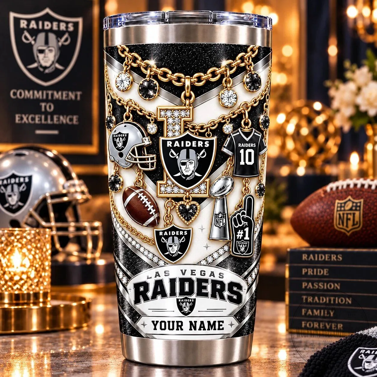 Las Vegas Raiders Personalized Sparkle Bling Design Stainless Steel Tumbler