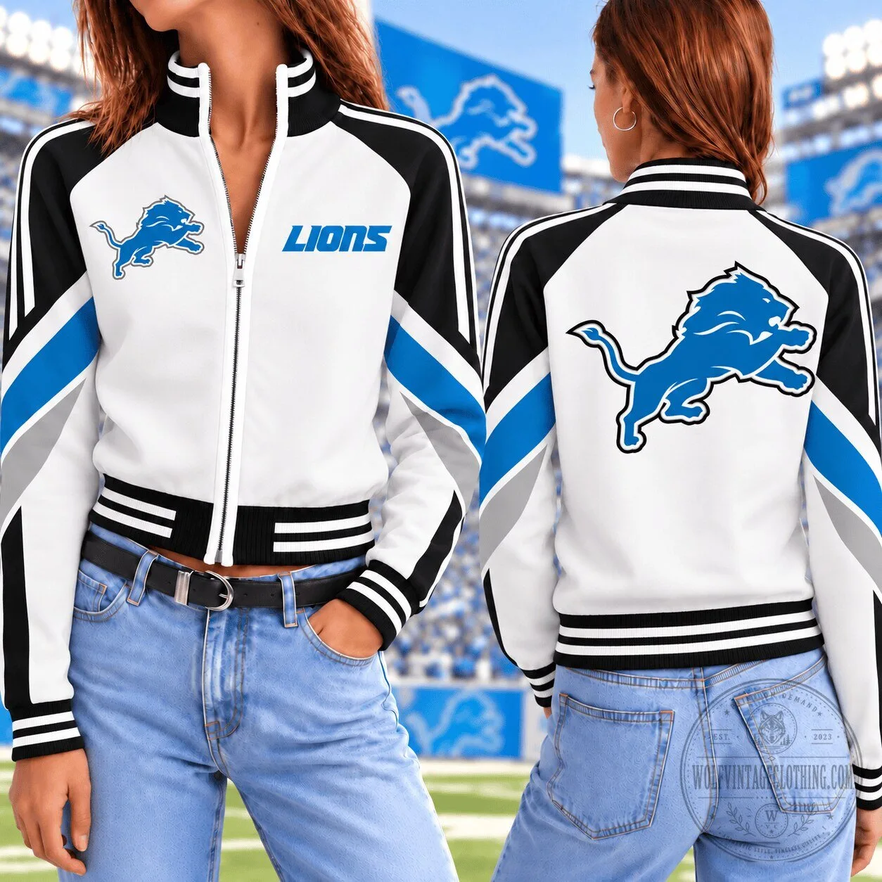 Detroit Lions NFL Football Vintage Colorblock Mockneck Zipper Jacket