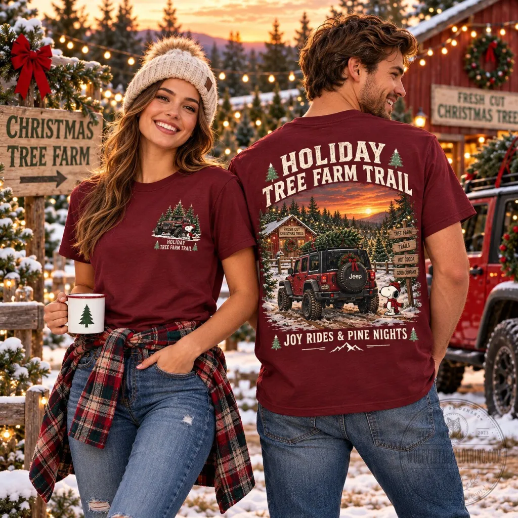 Snoopy Holiday Tree Farm Trail Jeep Burgundy Christmas T-Shirt Snoopy Holiday Tree Farm Trail Jeep Burgundy Christmas T-Shirt