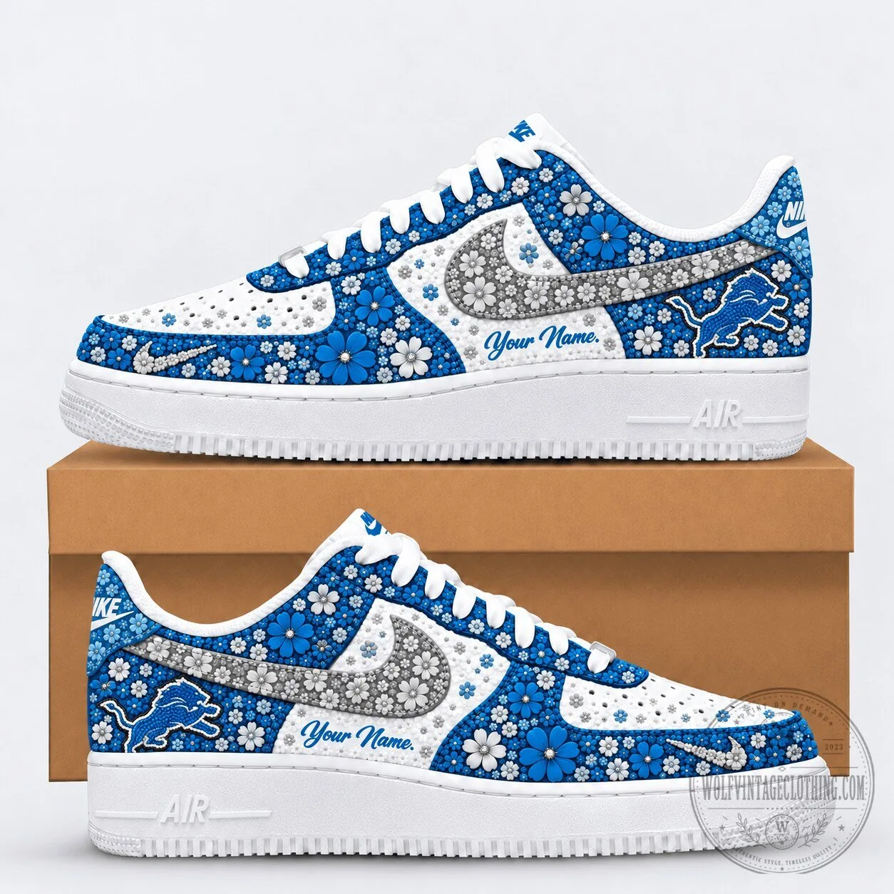 Detroit Lions Floral Heritage Custom Name Blue and White Sneakers