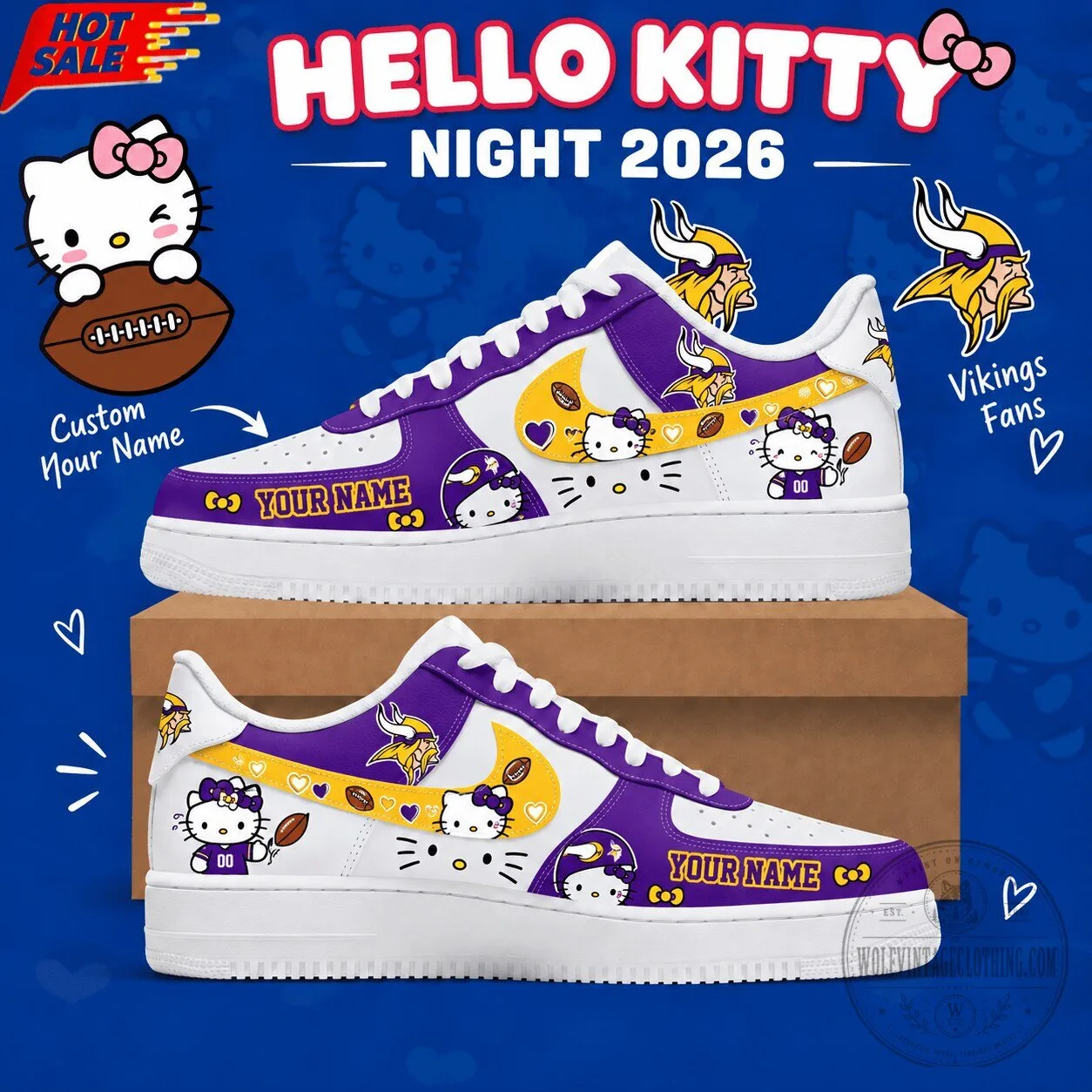 Minnesota Vikings Hello Kitty Custom Name White Low Top Sneakers